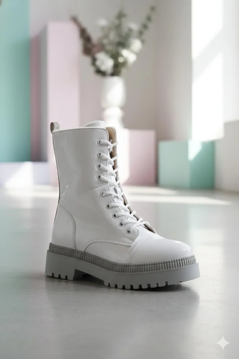 Thick-sole white boots with side zipper