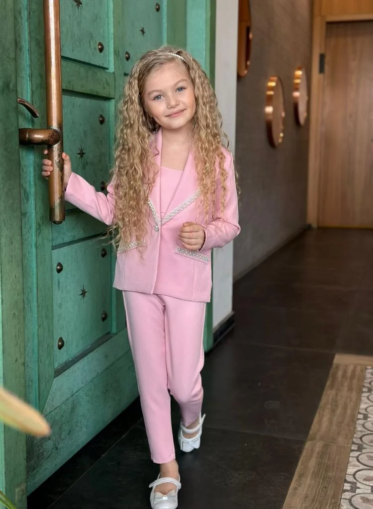 Pink girl set,pearls design waist blazer and long pants