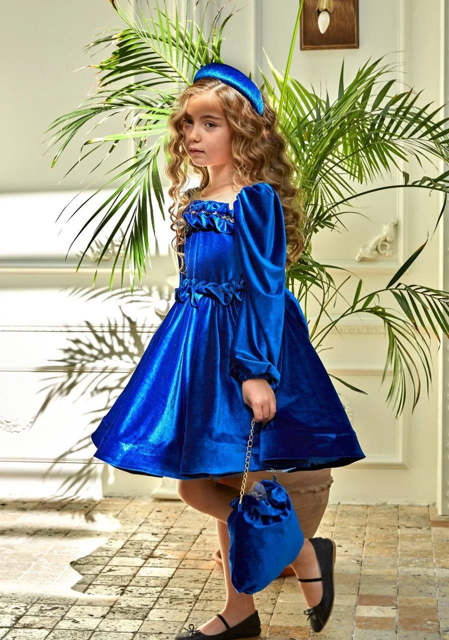 Blue velvet dress with headband and bag