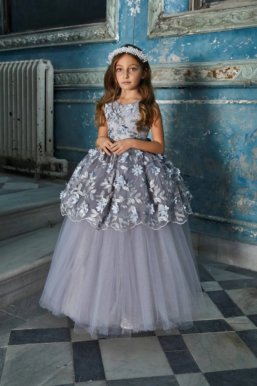 Silver dress made from chiffon patched with flower branch