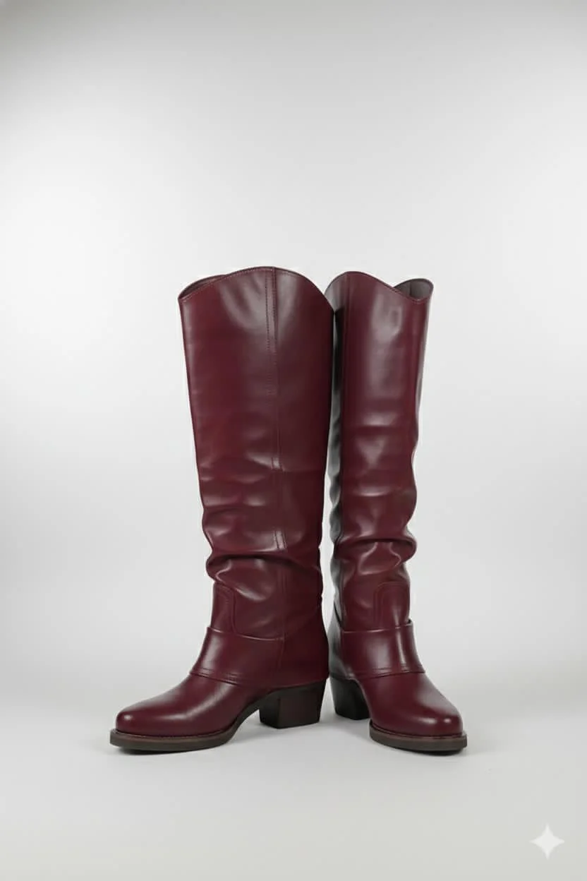 Burgundy leather over-the-knee heeled boots