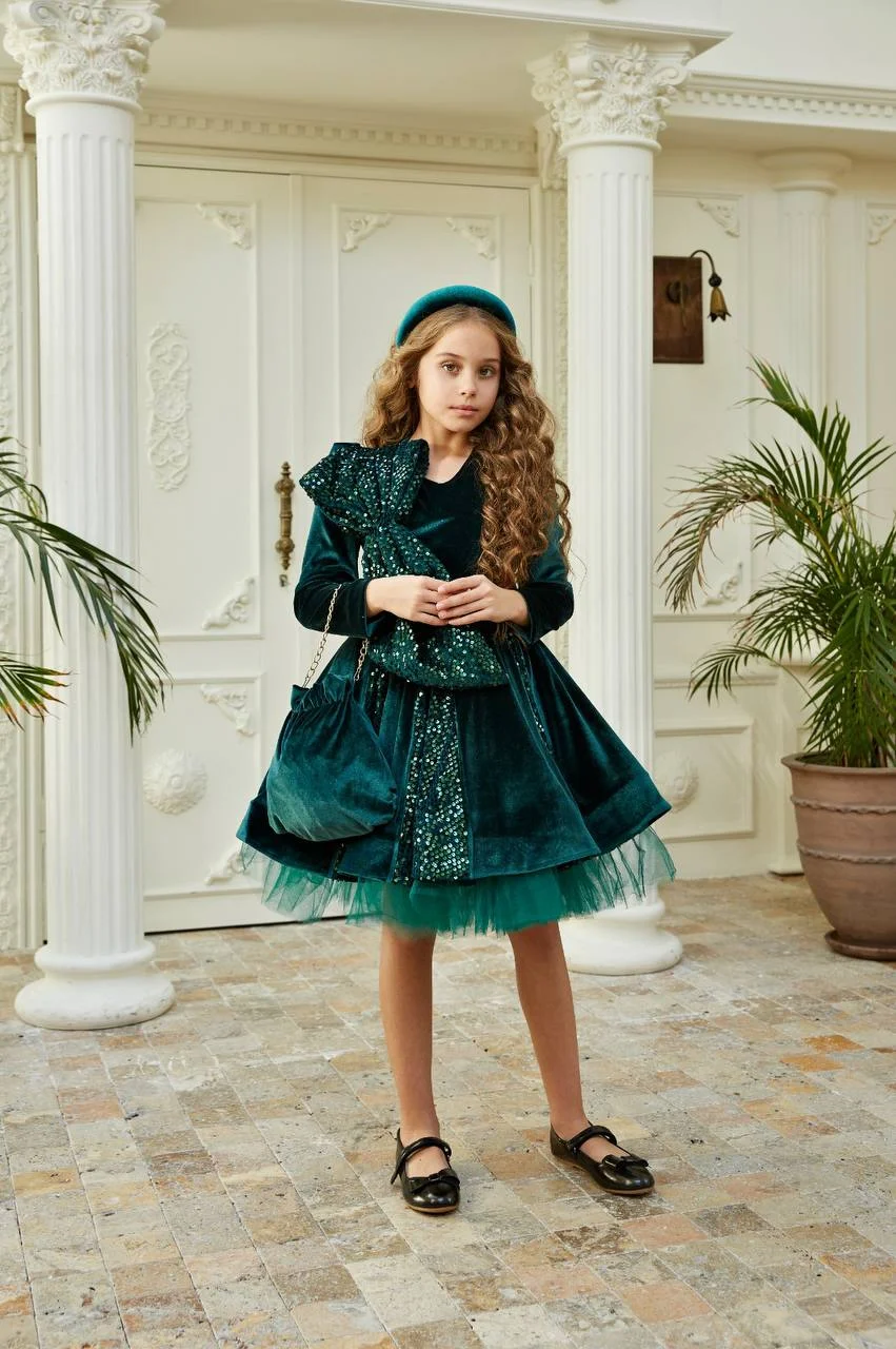 Junior Berra velvet princess dress with glitter bow,arc and bag
