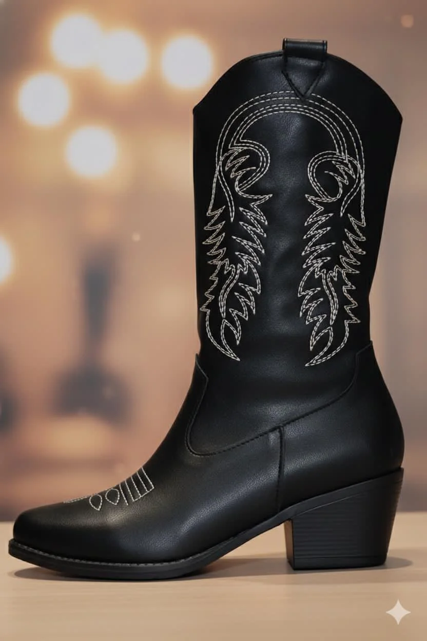 Pointed toe chunky heel casual mid-calf western boots