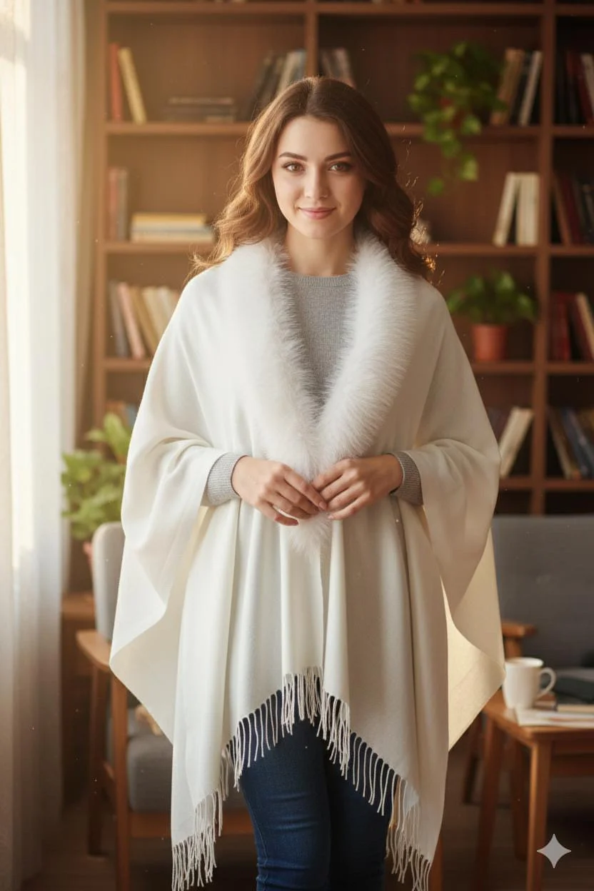 Woman’s elegant fringed poncho cardigan with faux fur