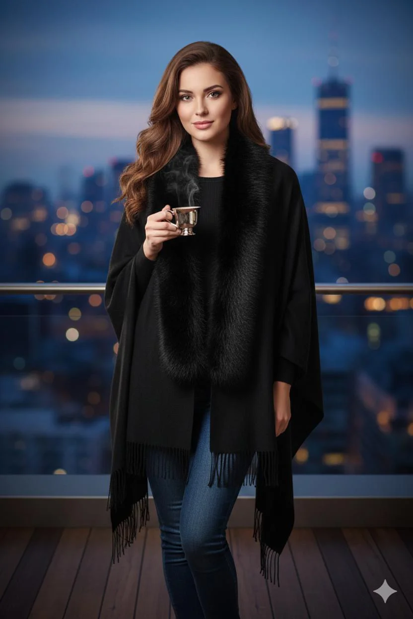 Woman’s elegant fringed poncho cardigan with faux fur