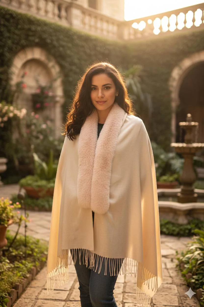 Woman’s elegant fringed poncho cardigan with faux fur