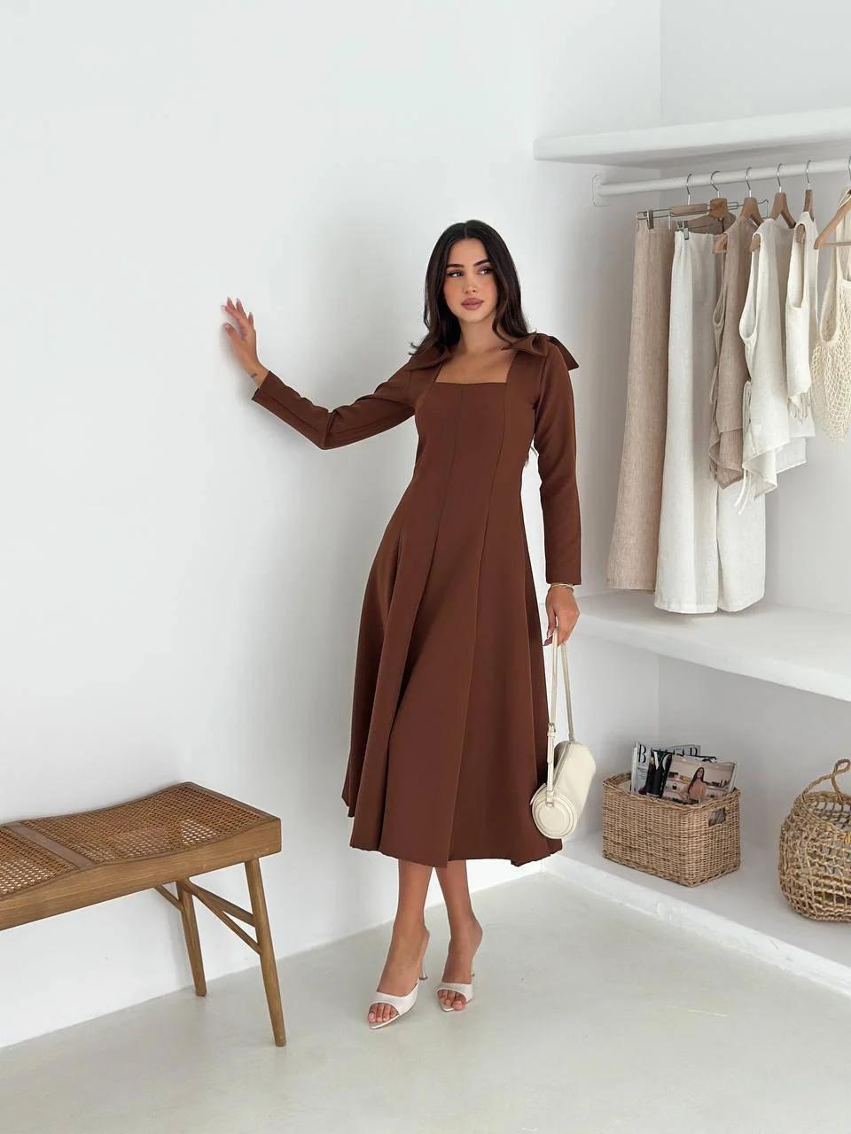 Midi-dress with bow decor on shoulder