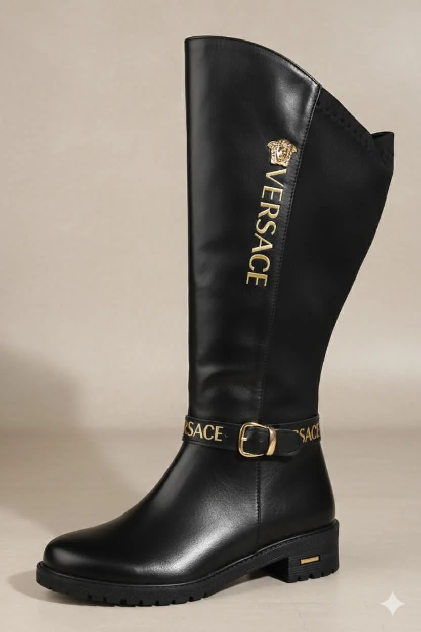 Versace high boots with metal golden logo
