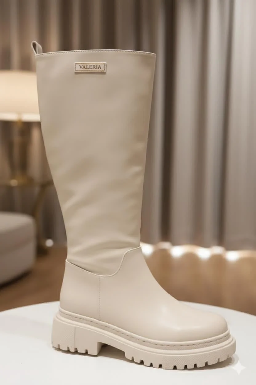 Beige over_the_knee boots with side zippers