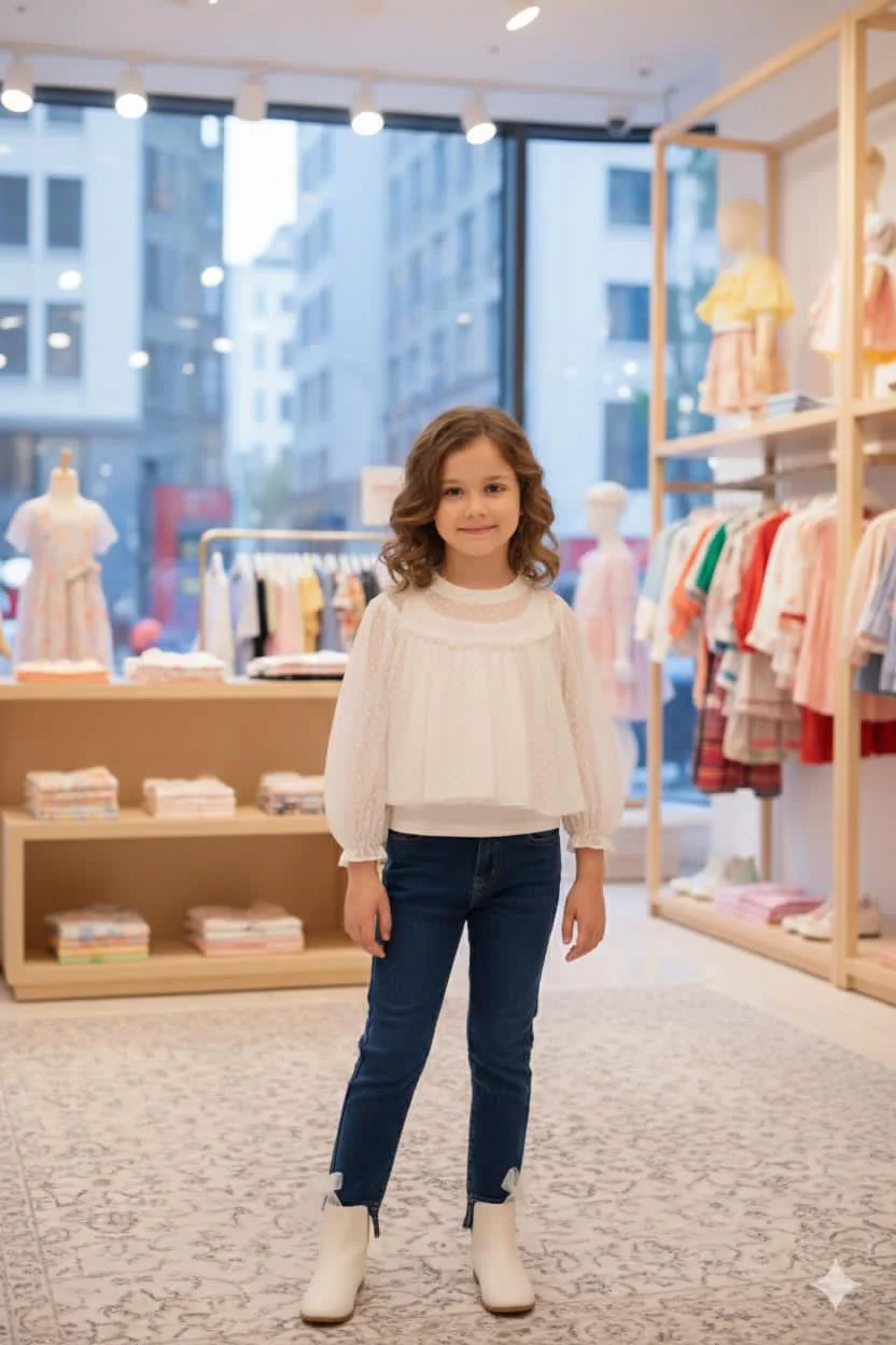 Skinny jeans with side bows and white patched chiffon shirt