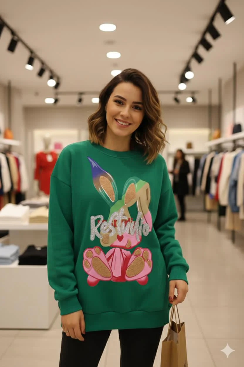 Casual green shirt with multicolored rabbit