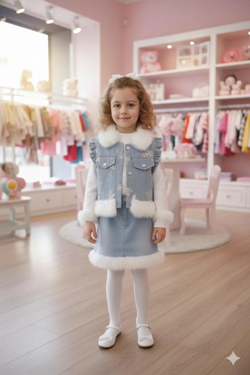 Elegant three pieces denim set with faux fur