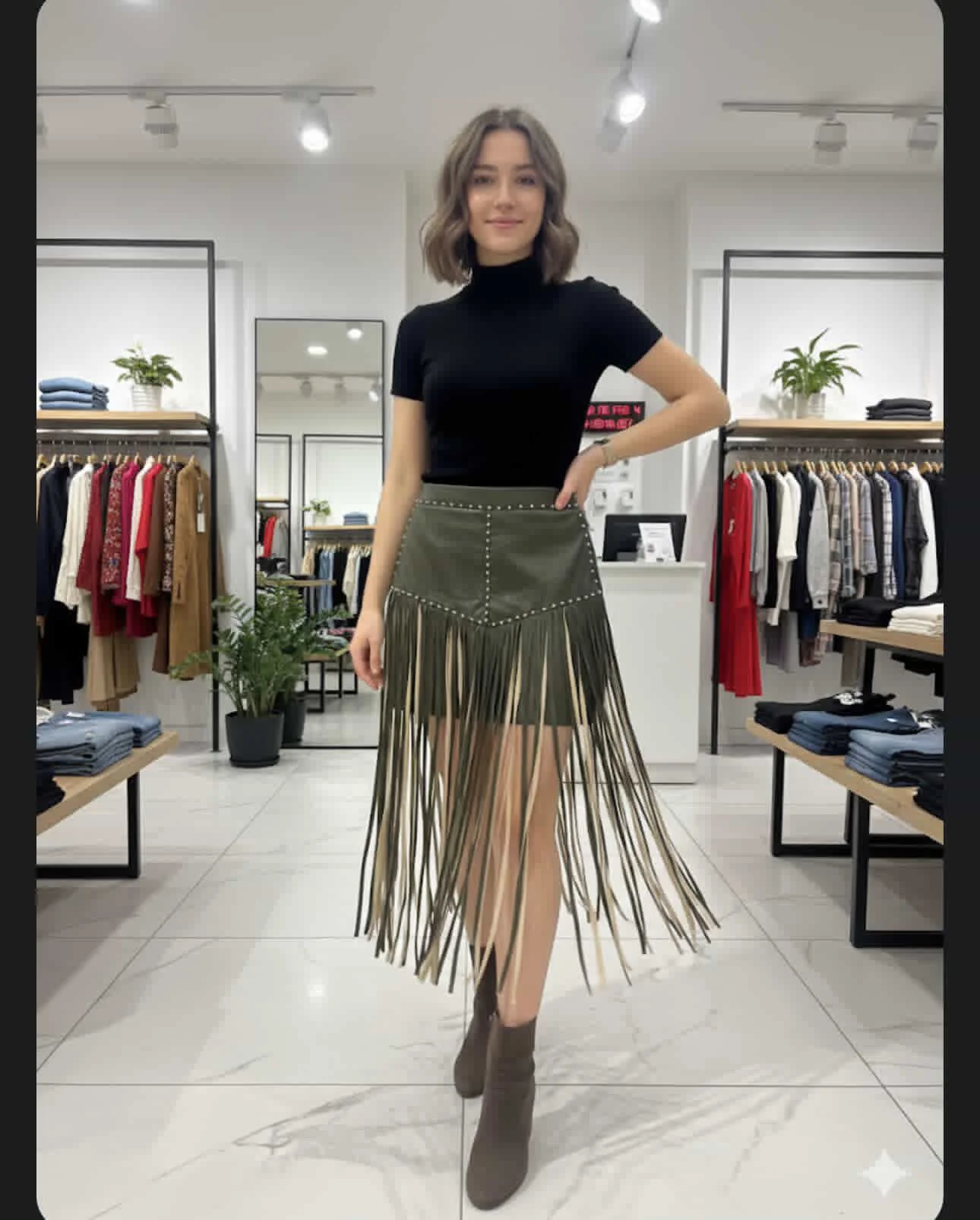 Stylish and fashionable olive leather fringe skirt