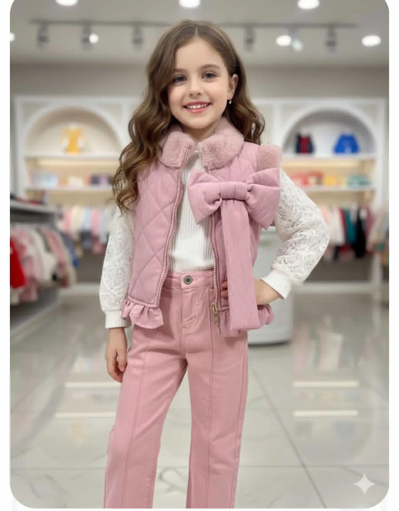 Pinky pants set decorated with fur and leather bow