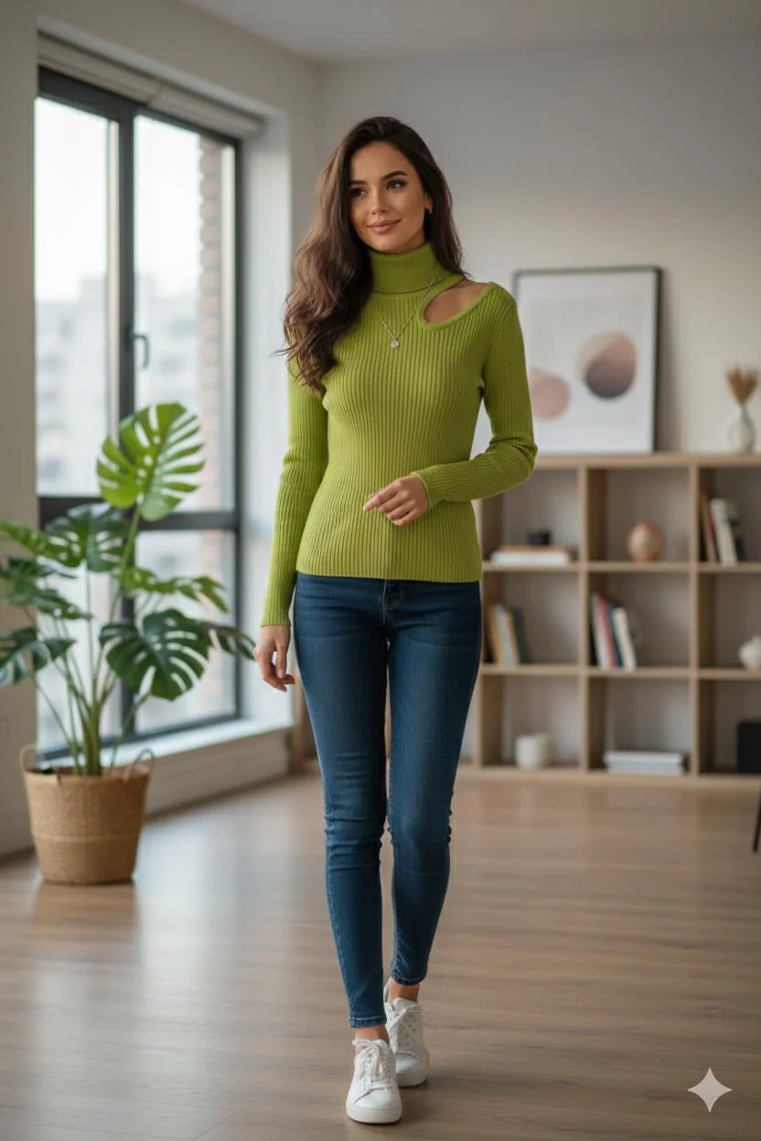 Casual high neck woolen shirt,one opened-shoulder