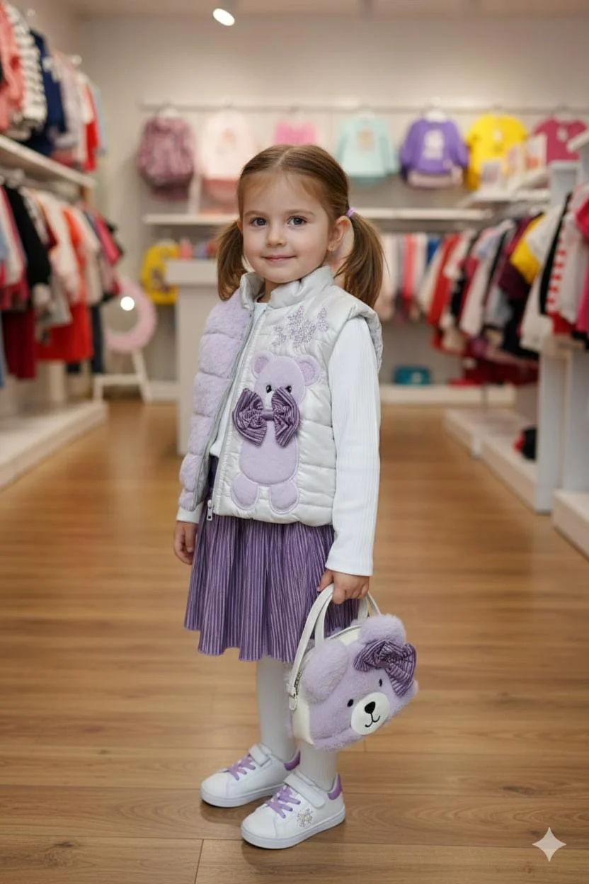 Lovely purple four pieces set :skirt,shirt,sleeveless jacket and bag