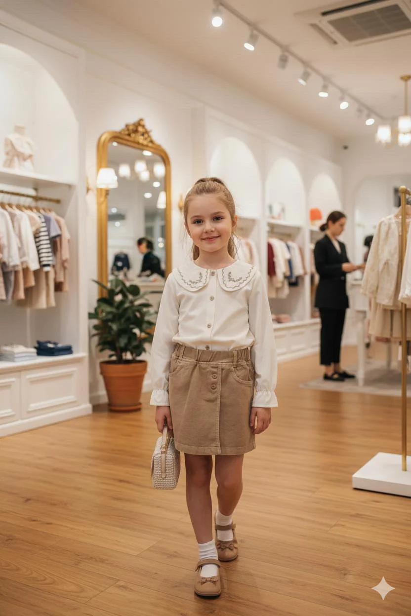 Set of 2 pieces:denim brown skirt and beige cotton shirt