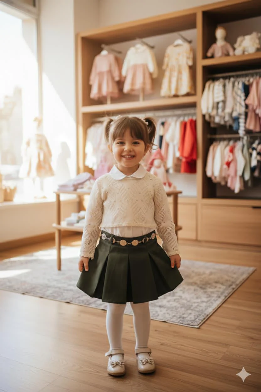 Army green linen skirt with metal golden belt and white shirt with crochet