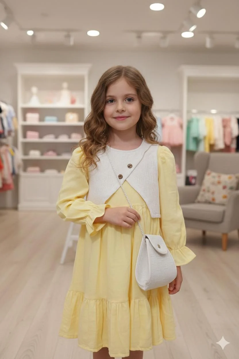 Casual yellow cotton dress with bag