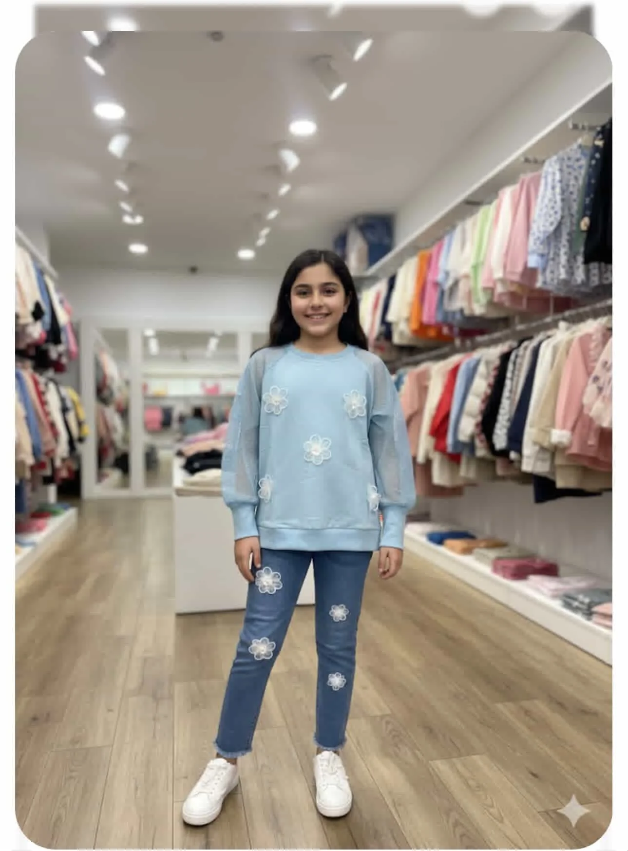 Denim pants and blue shirt designed with white flowers