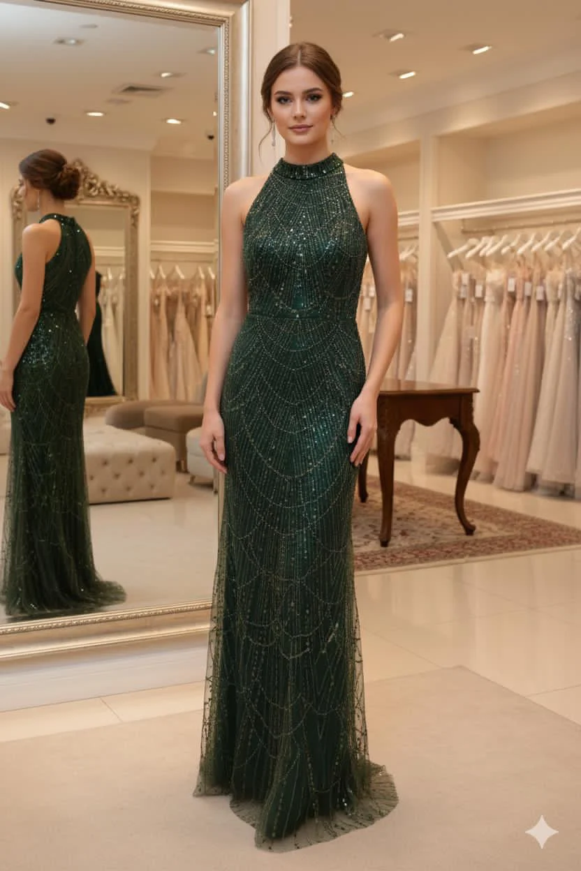 Elegant high neck evening dress with amazing details