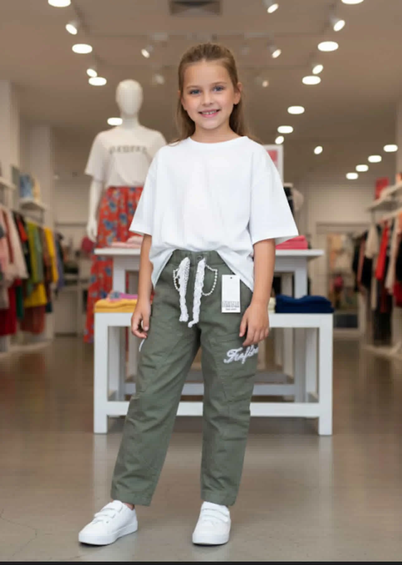 Olive linen girl’s pants with lace belt