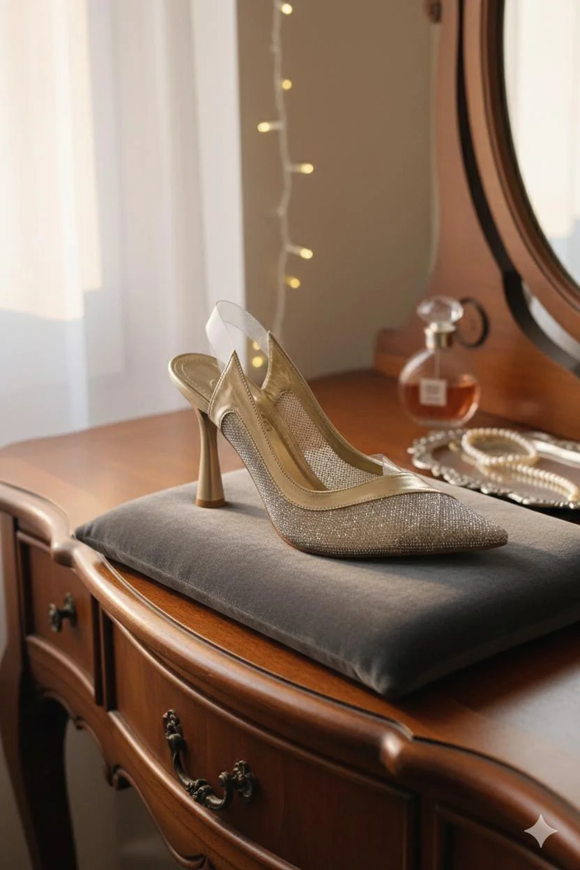 Elegant gold sandal, shiny one side and transparent side