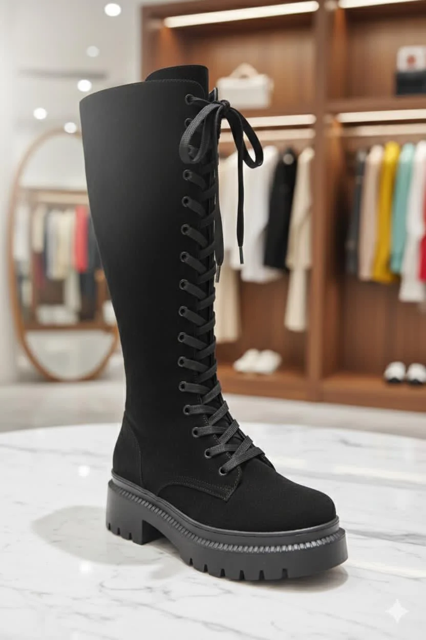 Over-the-knee black velvet boots