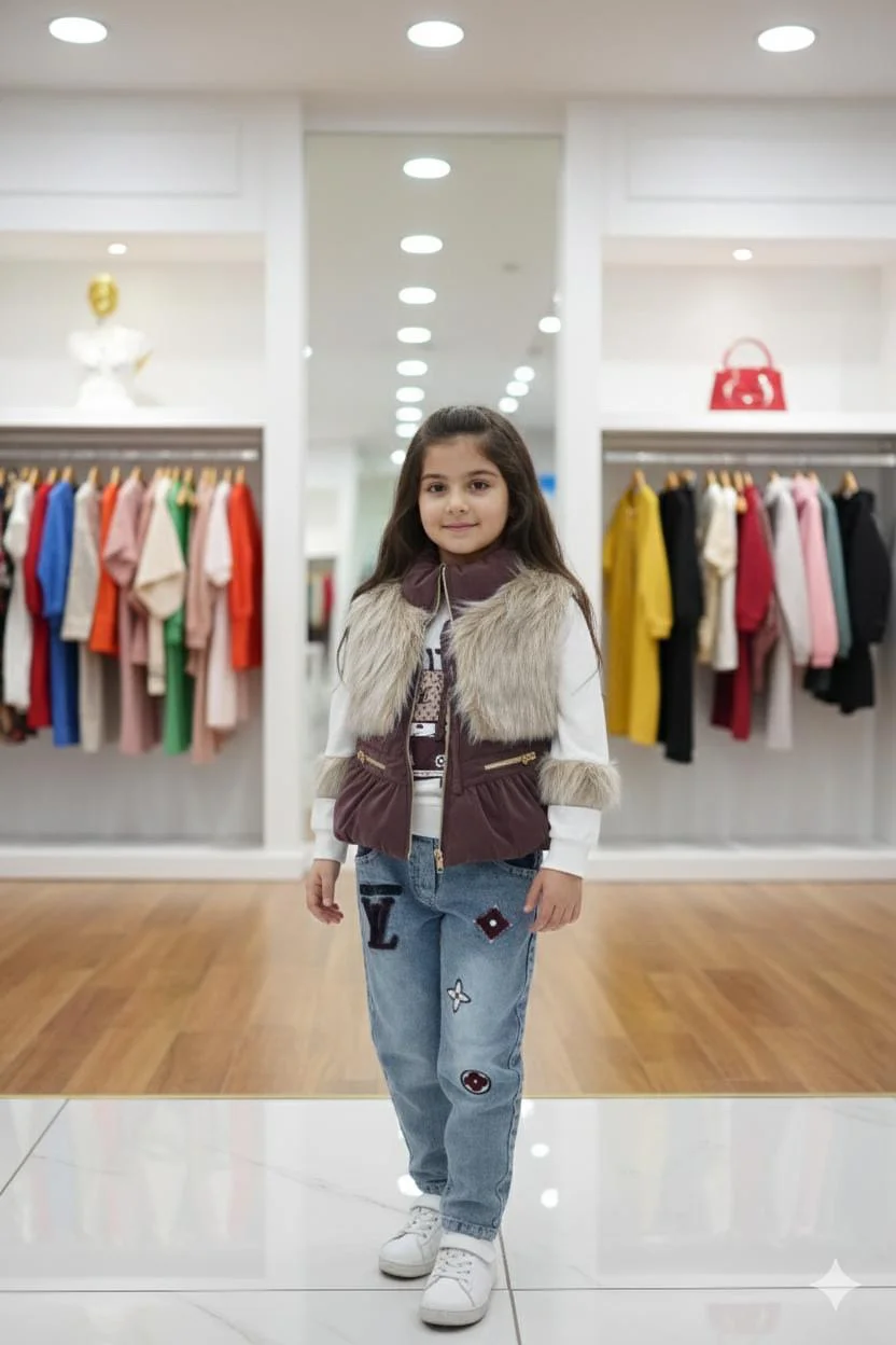 Faux fur and leather sleeveless jacket with LV denim pants and white cotton shirt