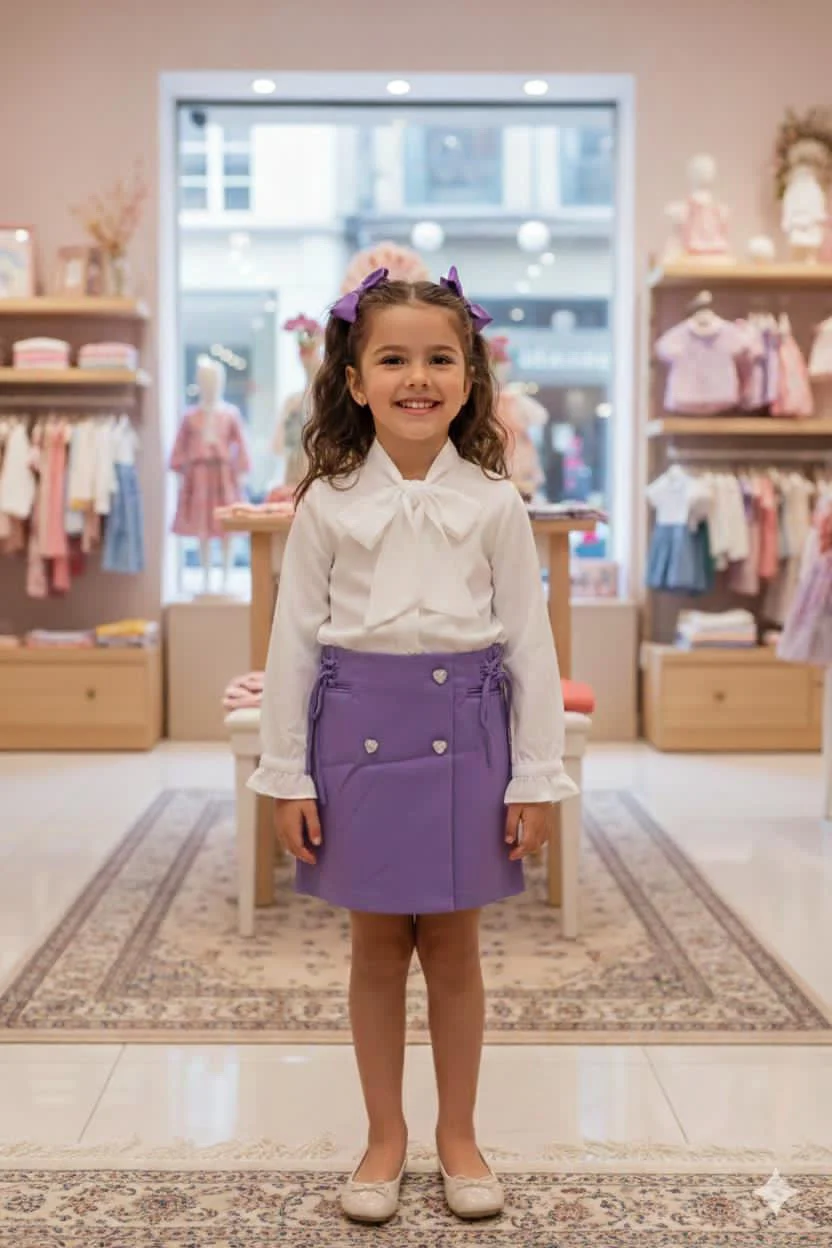 Little girl’s purple skirt and white elegant shirt with bow