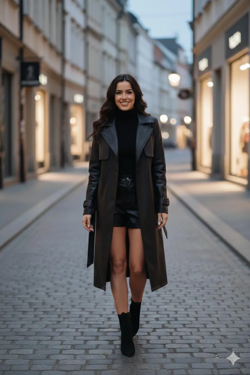 Casual black leather woman’s coat