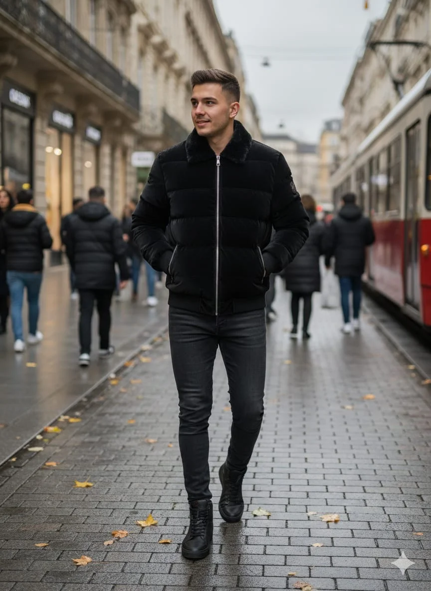 Comfortable black jacket with fur neck