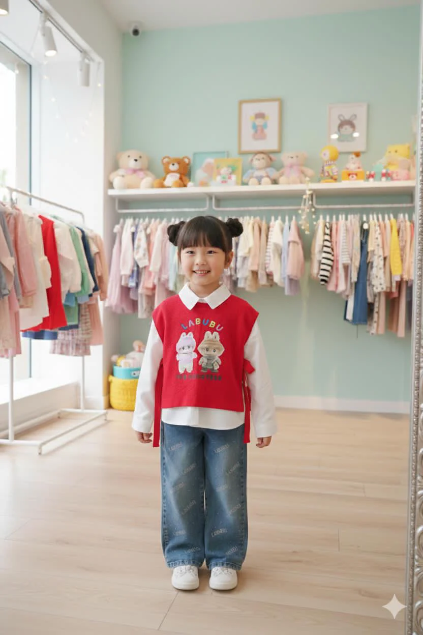 Labubu little girl’s set:jeans,white shirt and red sleeveless shirt