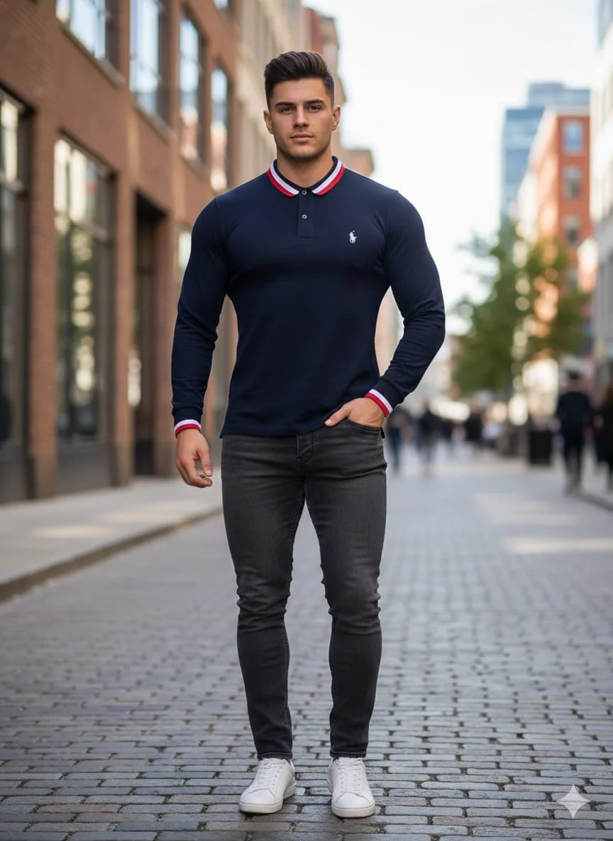 Casual men’s  Polo shirt, half button , long sleeves